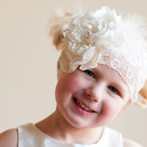 A photo of a lace flower girl headband with an oversized flower in ivory