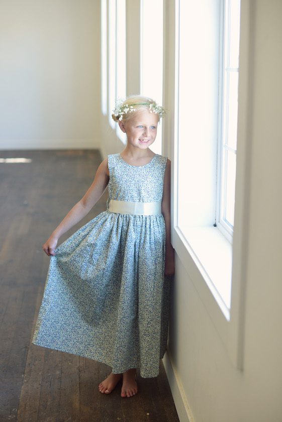 Blue floral flower girl dress in cotton with an ivory floral headband
