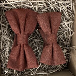 A photo of a burnt orange bow tie for father and son