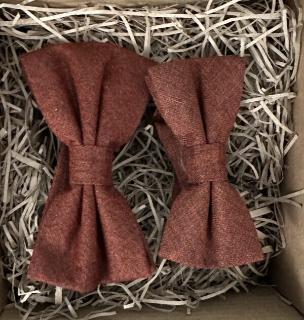A photo of a burnt orange bow tie for father and son