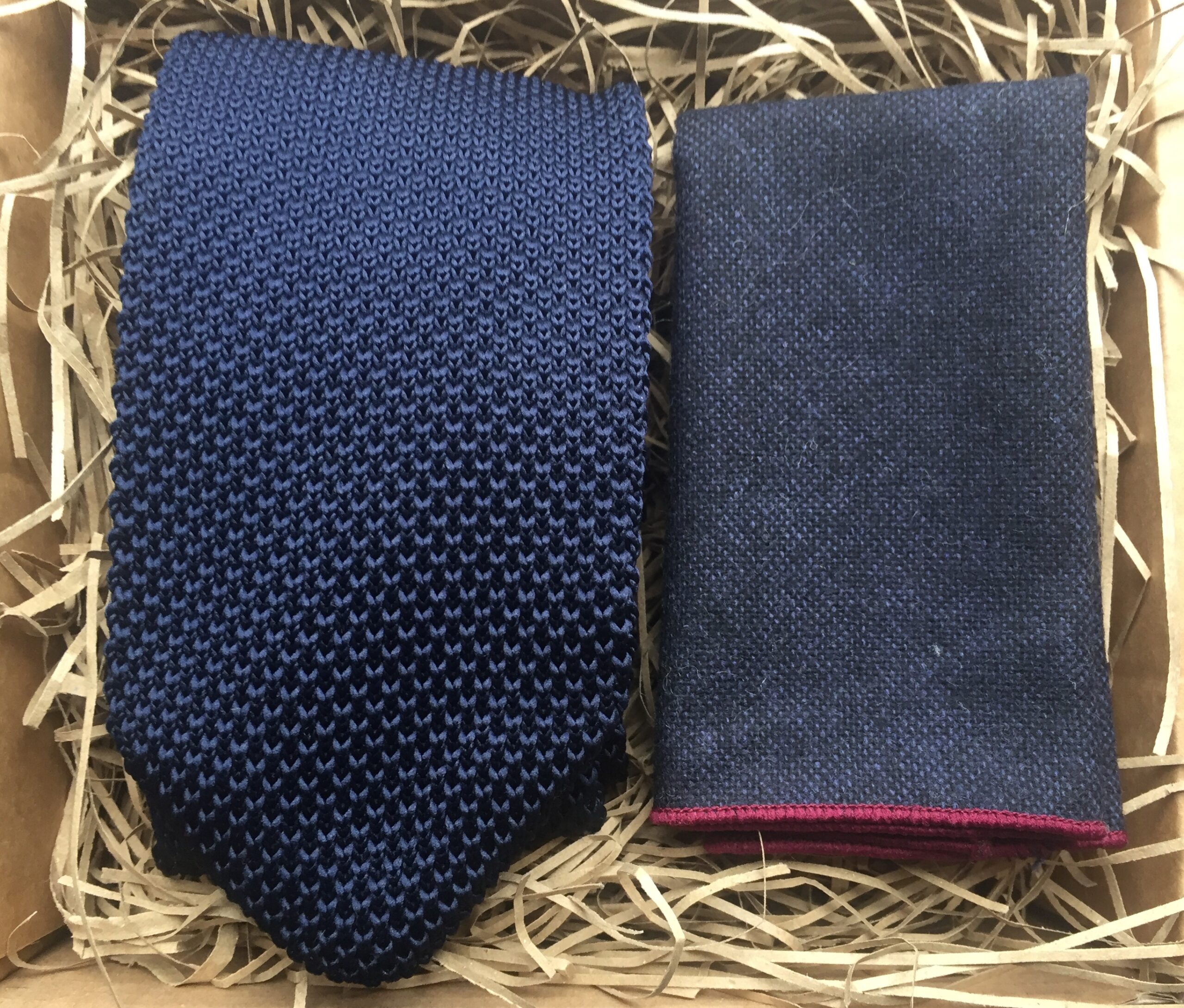 A blue wool tie and pocket square set ideal as a valentines gift, blue wedding tie or groomsmen gift.