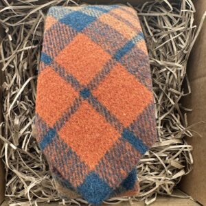 A photo of a checked, burnet orange tie with blue stripes in wool