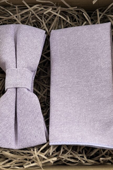 A photo of a lilac cotton bow tie and pocket square ideal as a gift or for weddings
