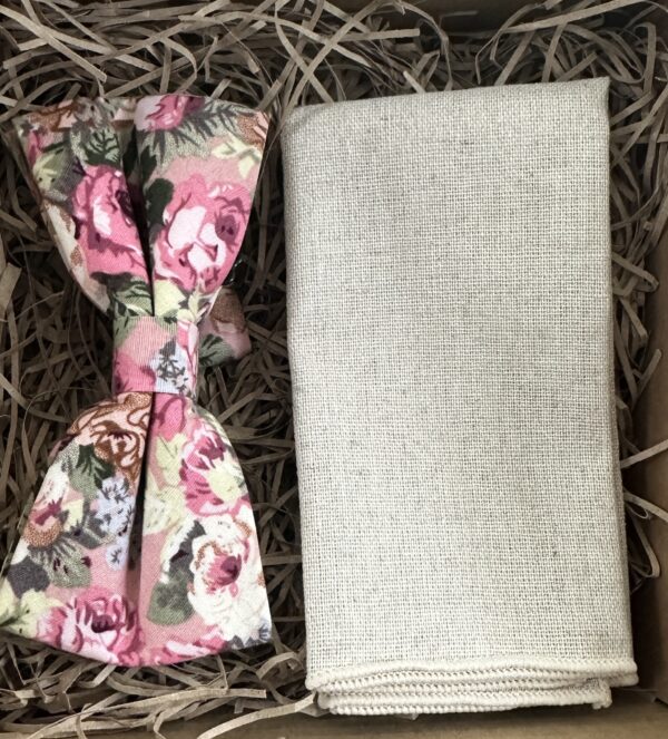 A photo of a pink floral bow tie and flax linen pocket square for men and grooms