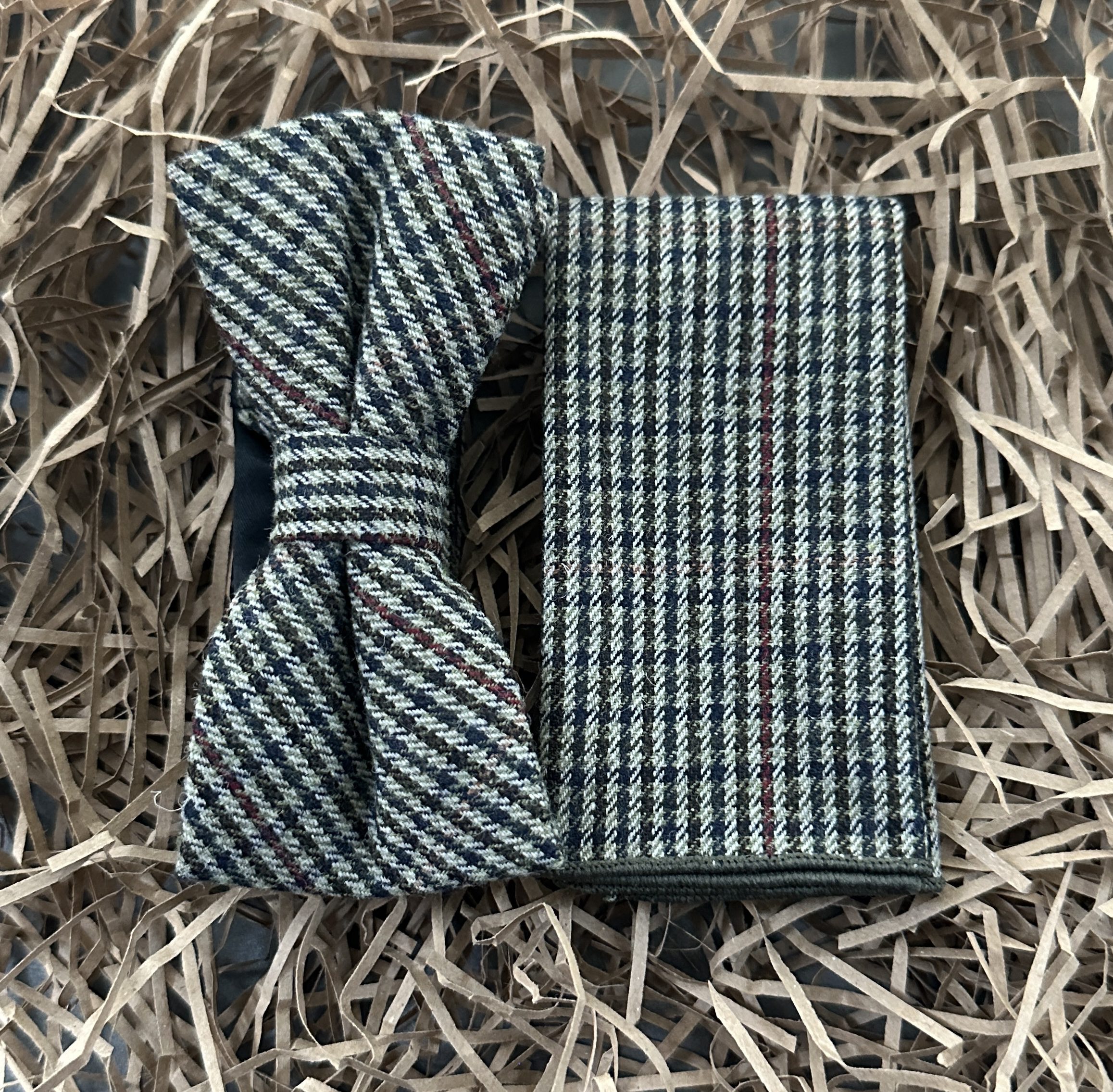 stylish checked men's bow tie and pocket square with a mix of browns, red, and blue colours – perfect for men's gifts and wedding attire.