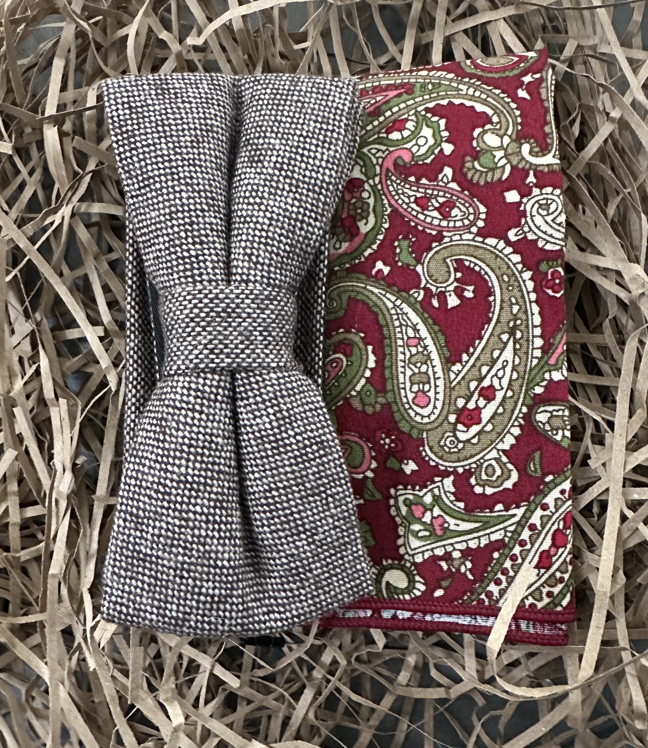 An almond wool bow tie and paisley pocket square for mens gifts and wedding attire