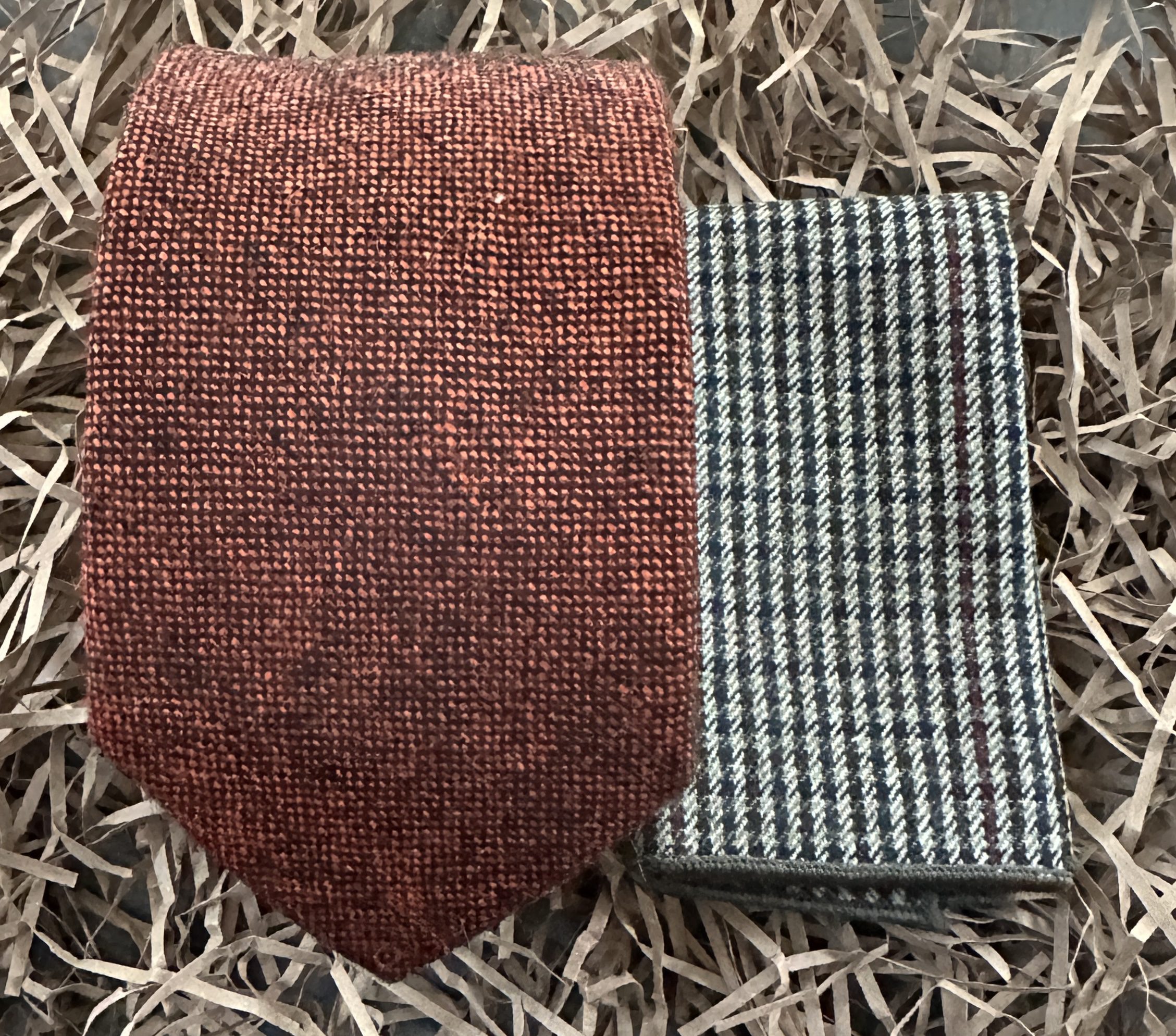 An orange, men's tie and wool checked pocket handkerchief for men's gifts