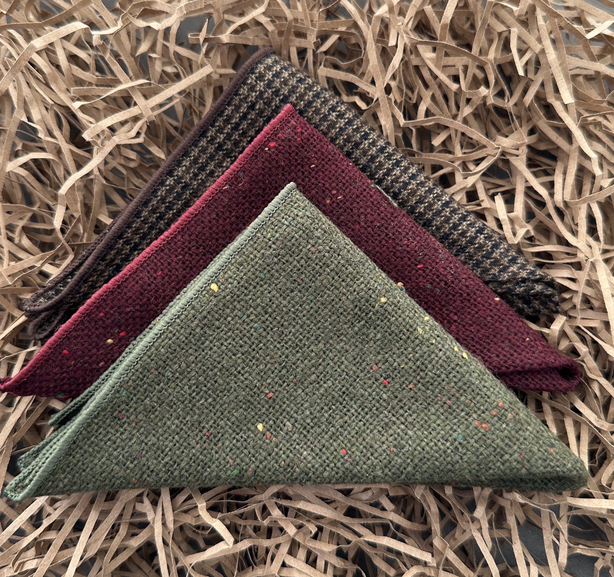 A set of mens wool pocket squares in wool for mens gifts UK, unusual mens gifts and groomsmen gifts UK.
