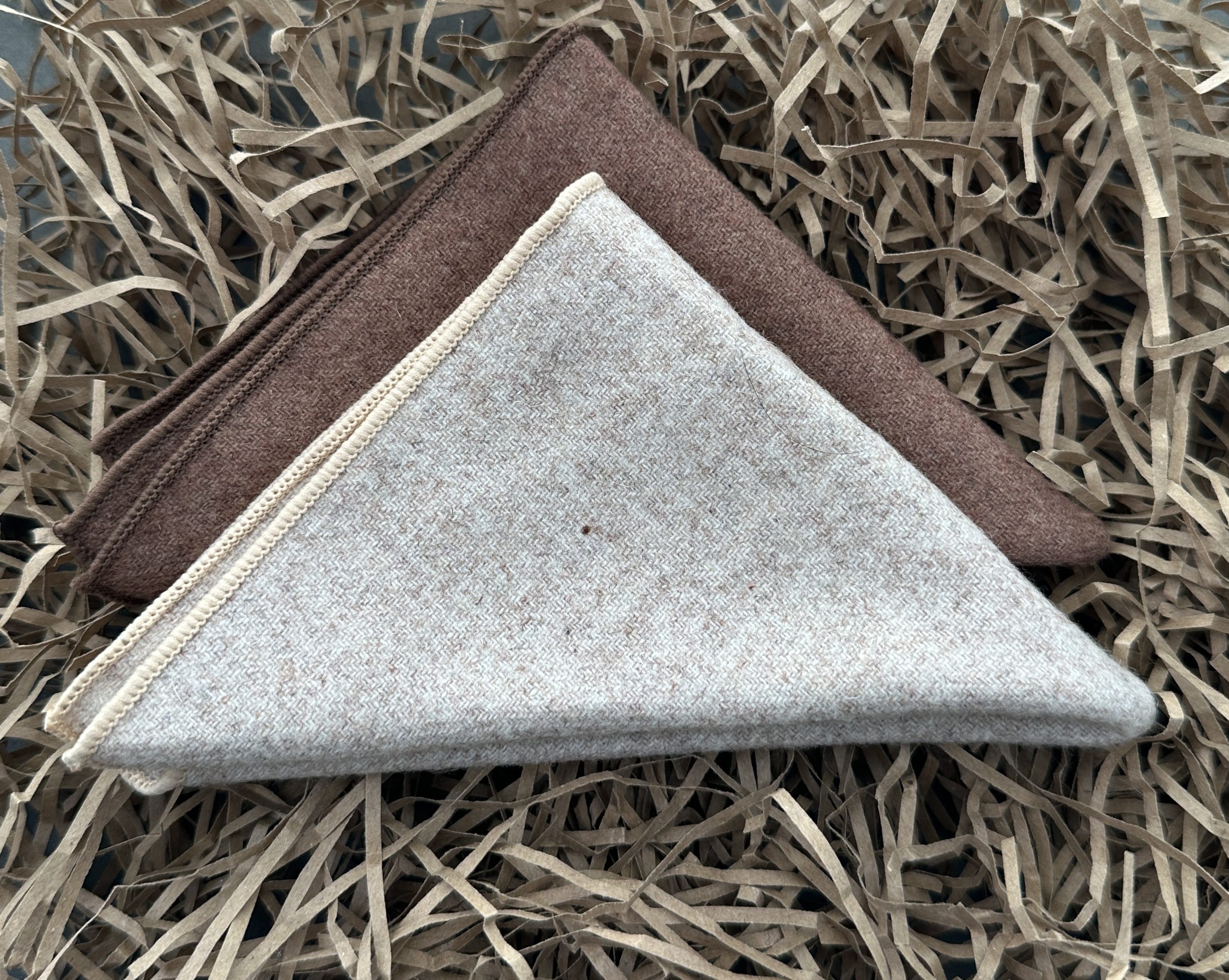 A set of two mens pocket squares in brown and cream wool for mens gifts, unique groomsmen gifts, mens wedding attire and mens valentines gifts.