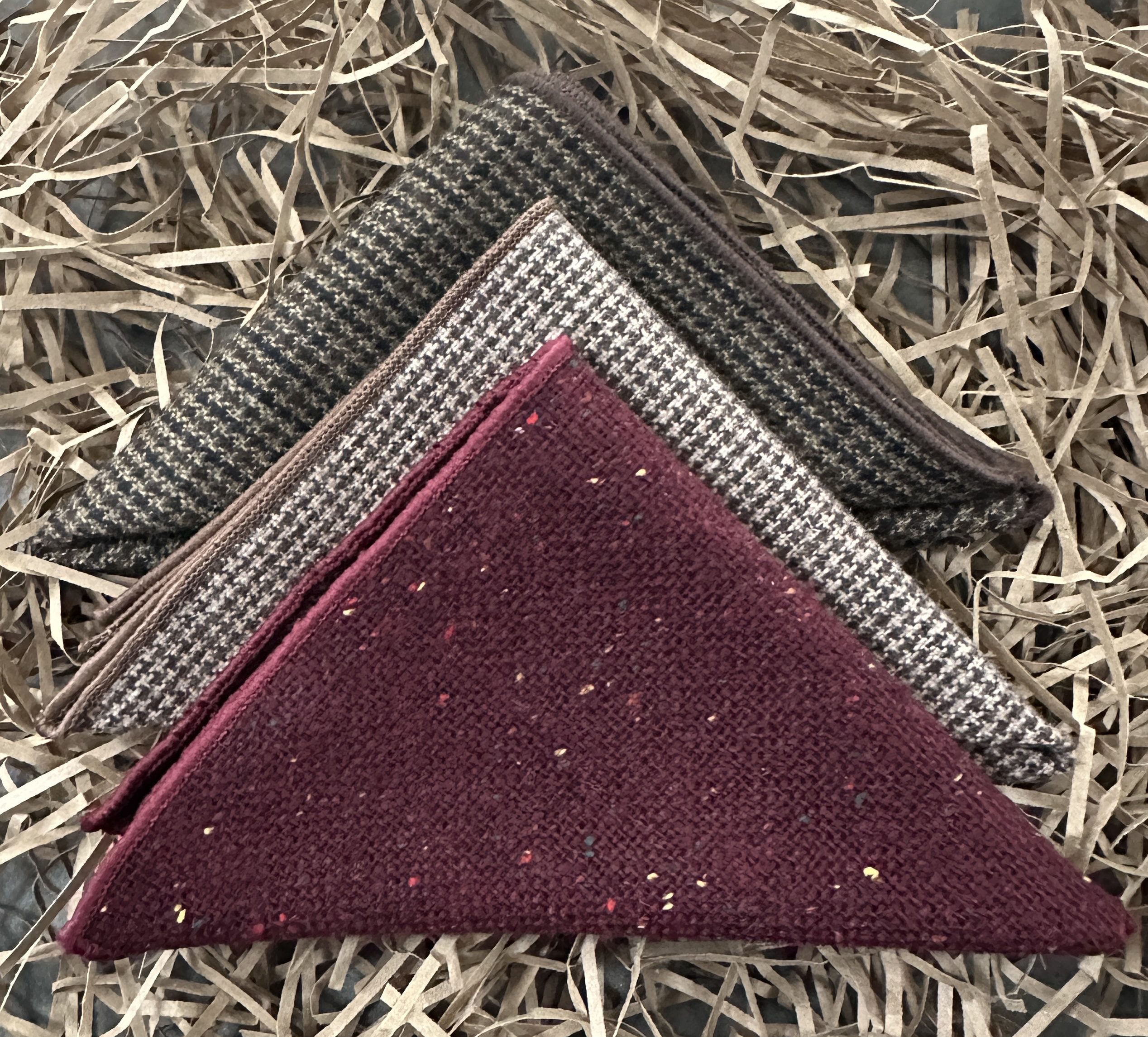 Deep red and houndstooth brown wool pocket square set for mens and groomsmen gifts