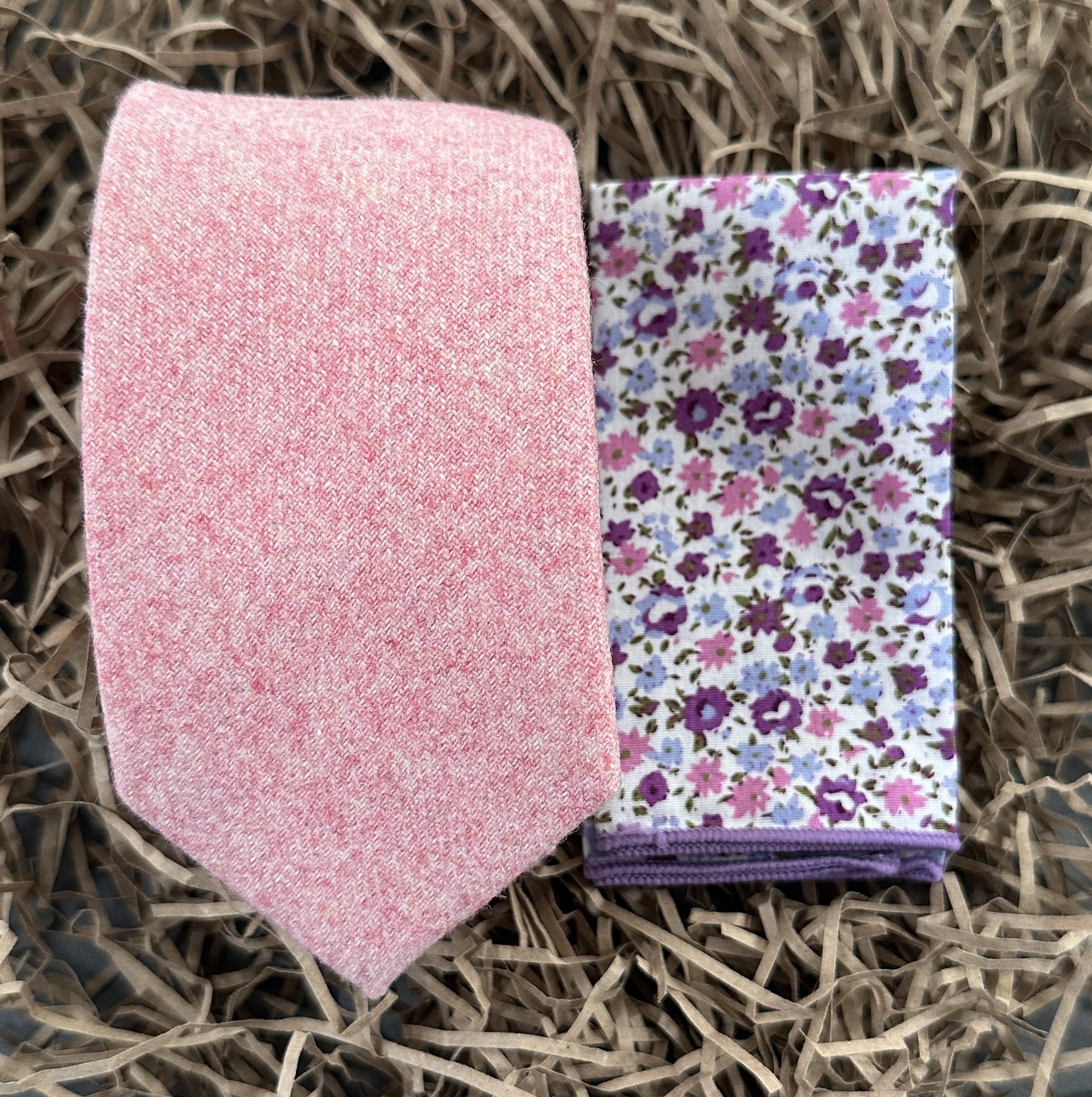 A pink mens wool tie and lilac floral pocket handkerchief for wedding ties, mens gifts and groomsmen gifts.
